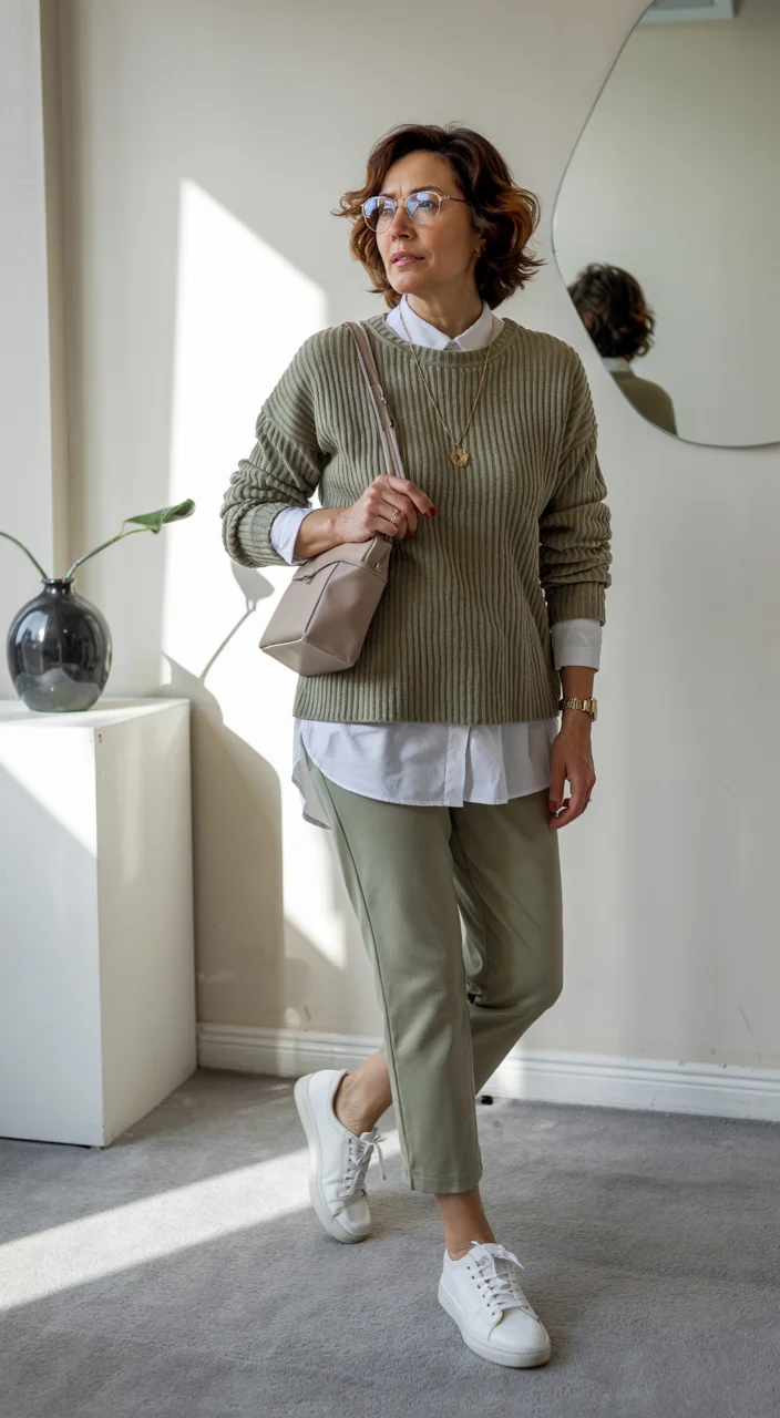 what to wear in fall 2026 over 50 sage green outfit