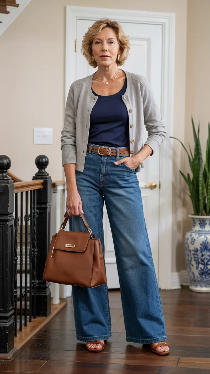 what to wear in fall 2026 over 50 cardigan and jeans outfit