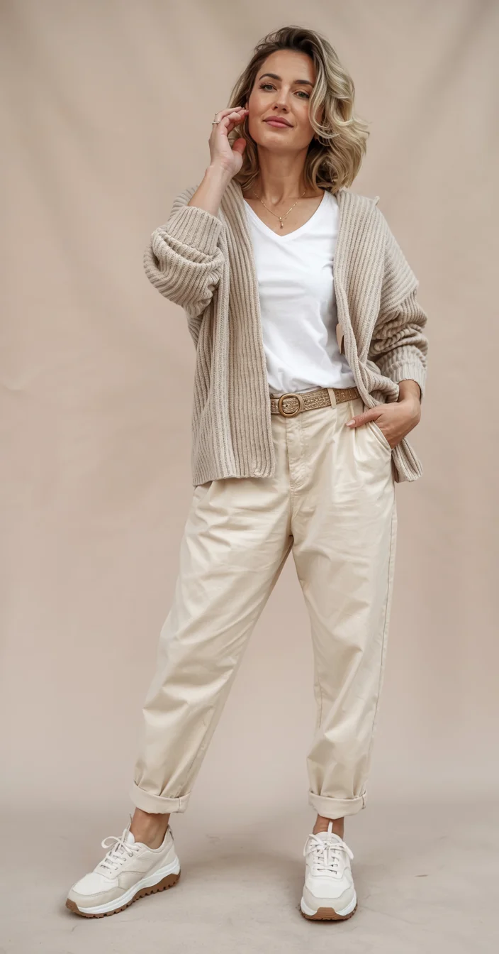what to wear in fall 2026 over 50 neutral cardigan outfit