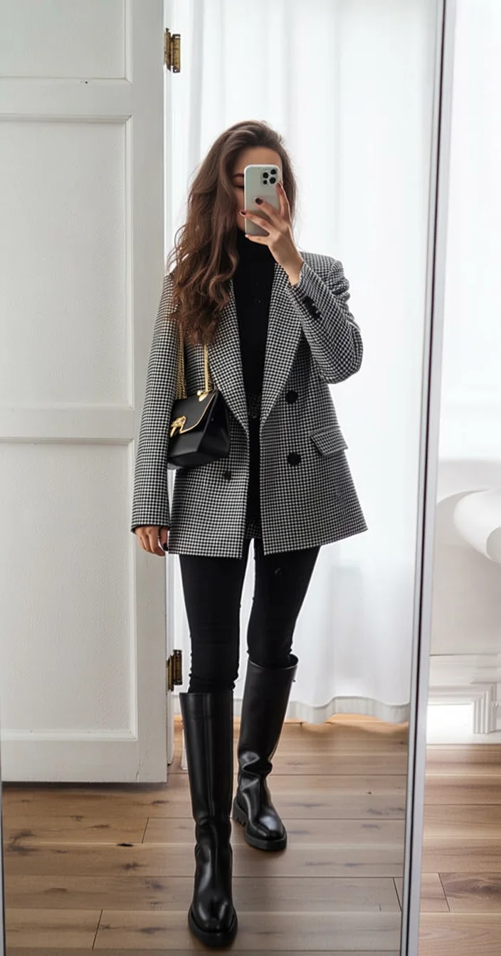autumn fashion outfits 2026 Tailored Check Blazer with Riding Boots for Timeless Sophistication