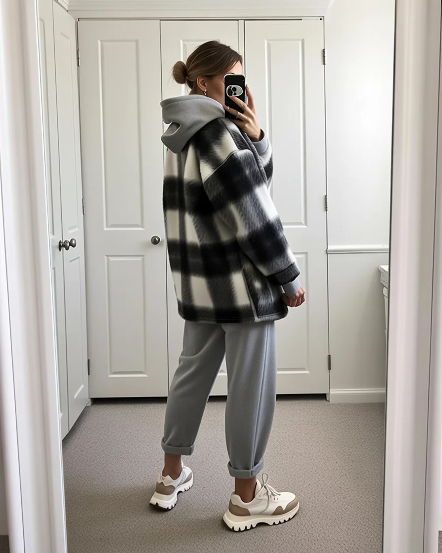 autumn fashion outfits 2026 Cozy Hoodie Layers with an Oversized Plaid Jacket