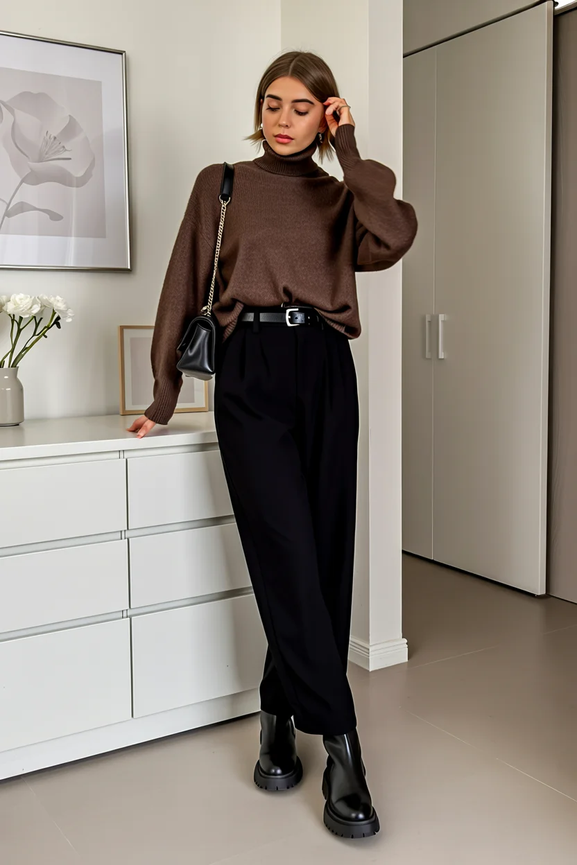 autumn fashion outfits 2026 Chocolate Knitwear with Tailored Black Trousers