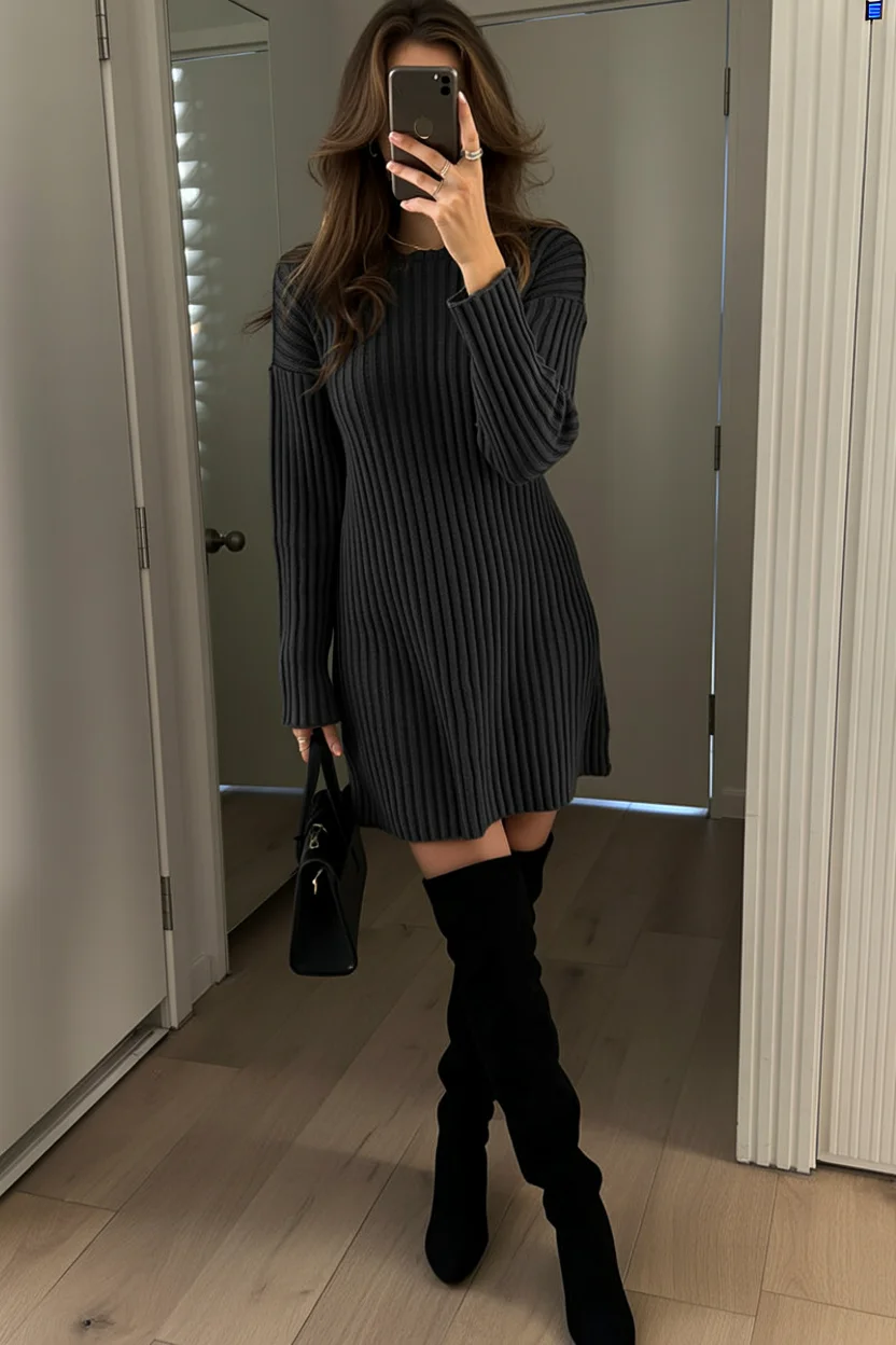 autumn fashion outfits 2026 Ribbed Sweater Dress with Over the Knee Boots