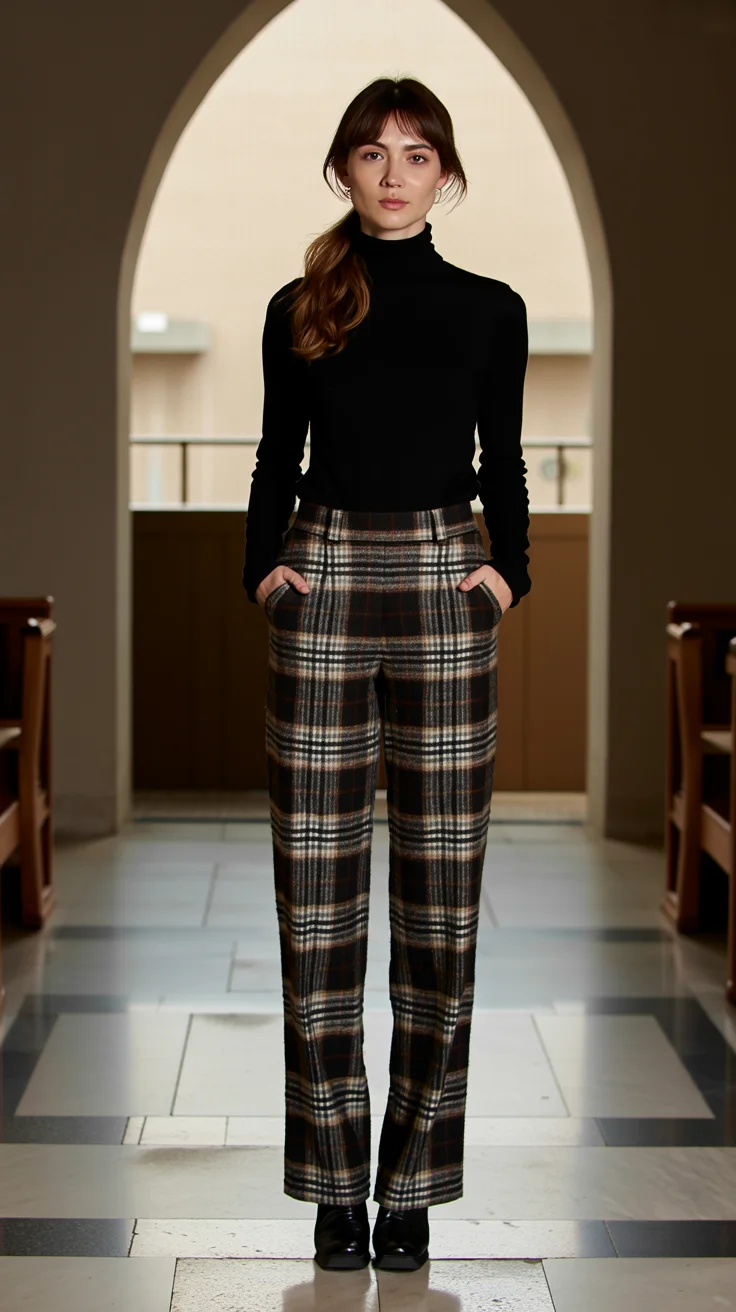 autumn fashion outfits 2026 Classic Plaid Trousers with Minimal Black Knit