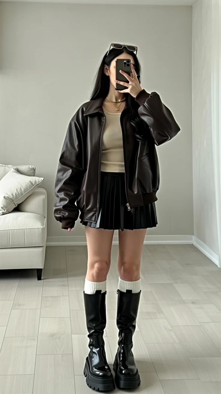 autumn fashion outfits 2026 Modern Leather Jacket with a Pleated Mini Skirt
