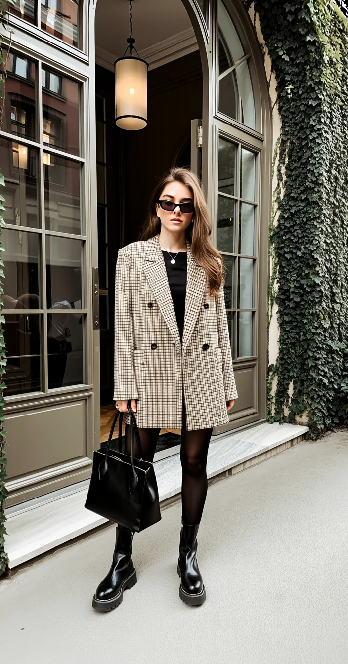 autumn fashion outfits 2026 Tailored Check Blazer with Chic Monochrome Layers