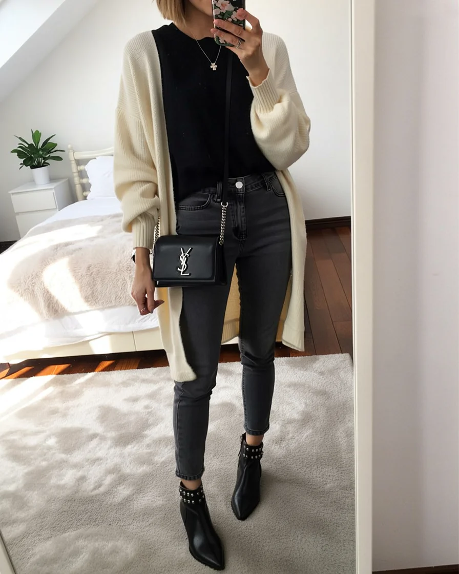 autumn fashion outfits 2026 Long Cream Cardigan with Black Denim Essentials