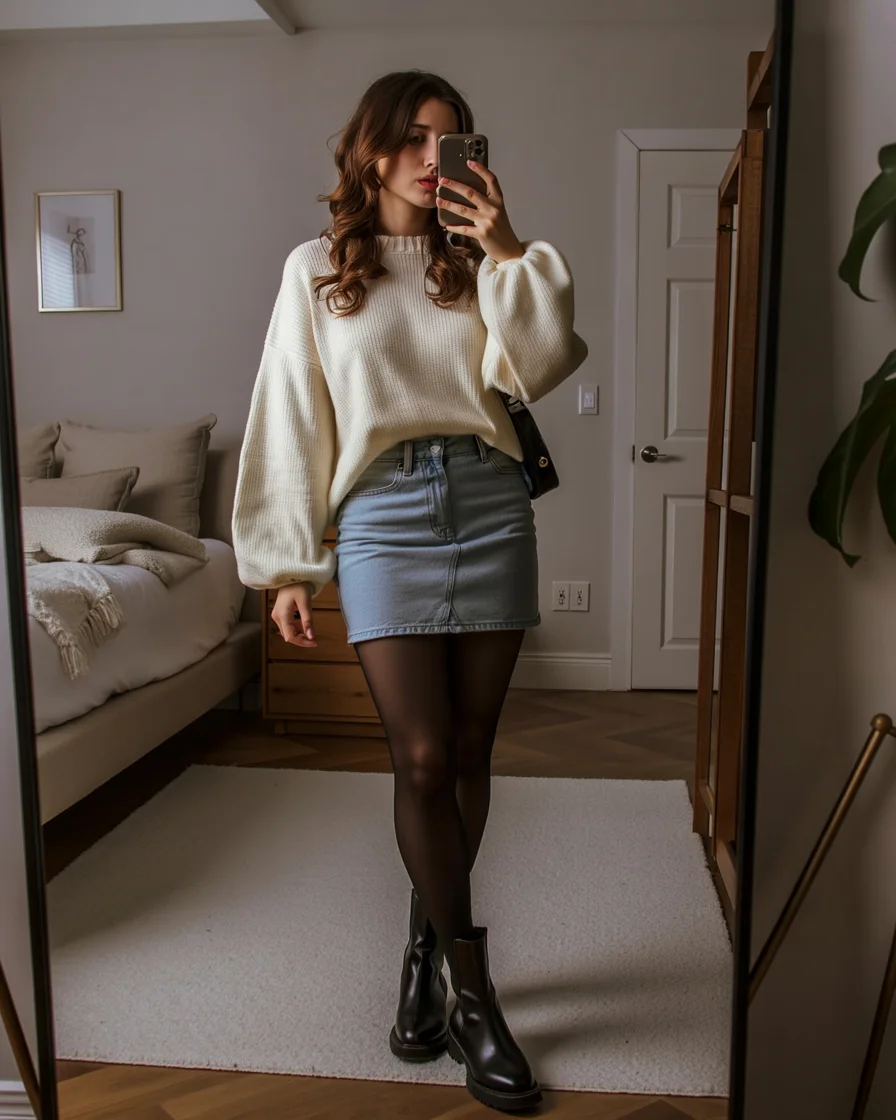autumn fashion outfits 2026 Soft Knit Sweater with a Denim Mini Skirt