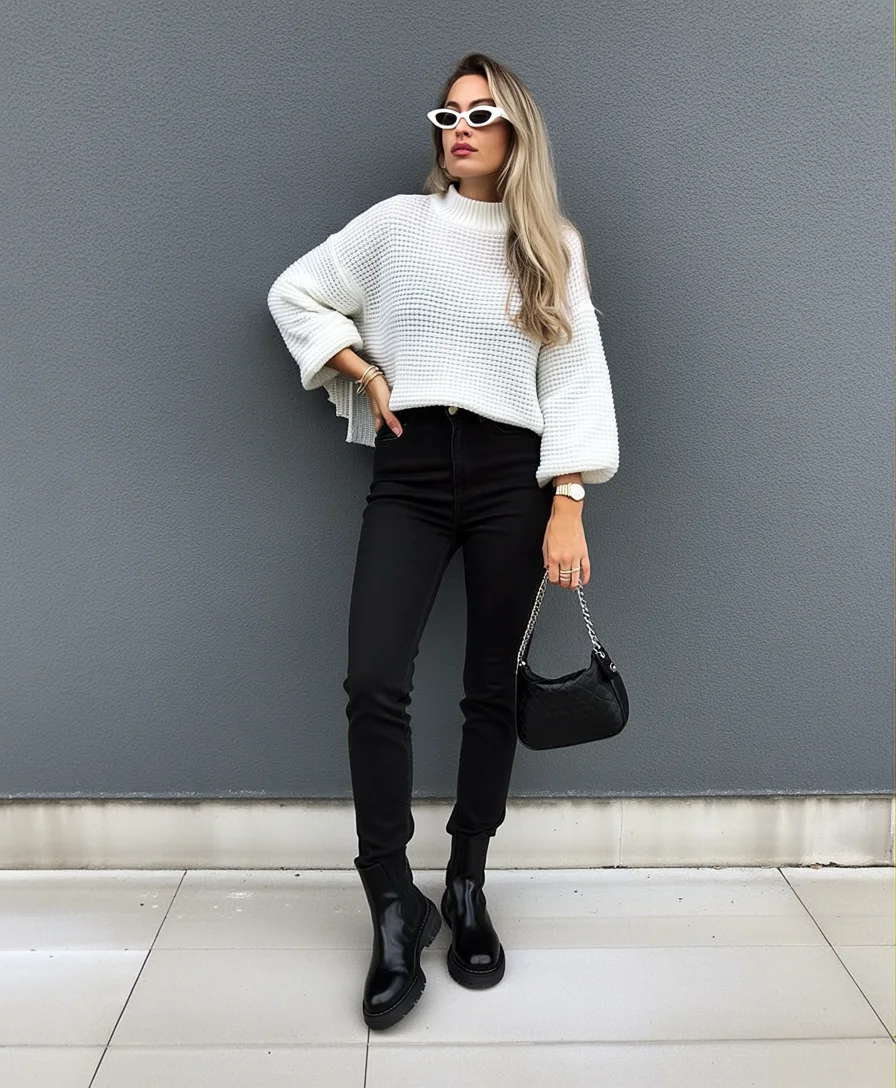 autumn fashion outfits 2026 Chunky White Knit with Black Denim for Everyday Minimalism