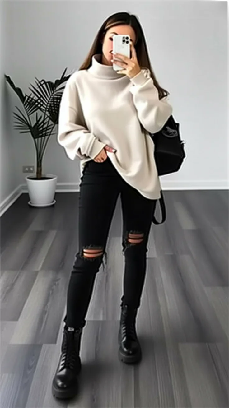 autumn fashion outfits 2026 Oversized Turtleneck with Distressed Black Denim