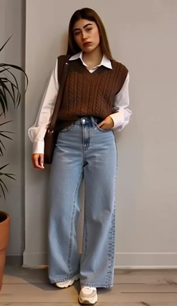 autumn fashion outfits 2026 Cable Knit Sweater Vest with Wide Leg Jeans