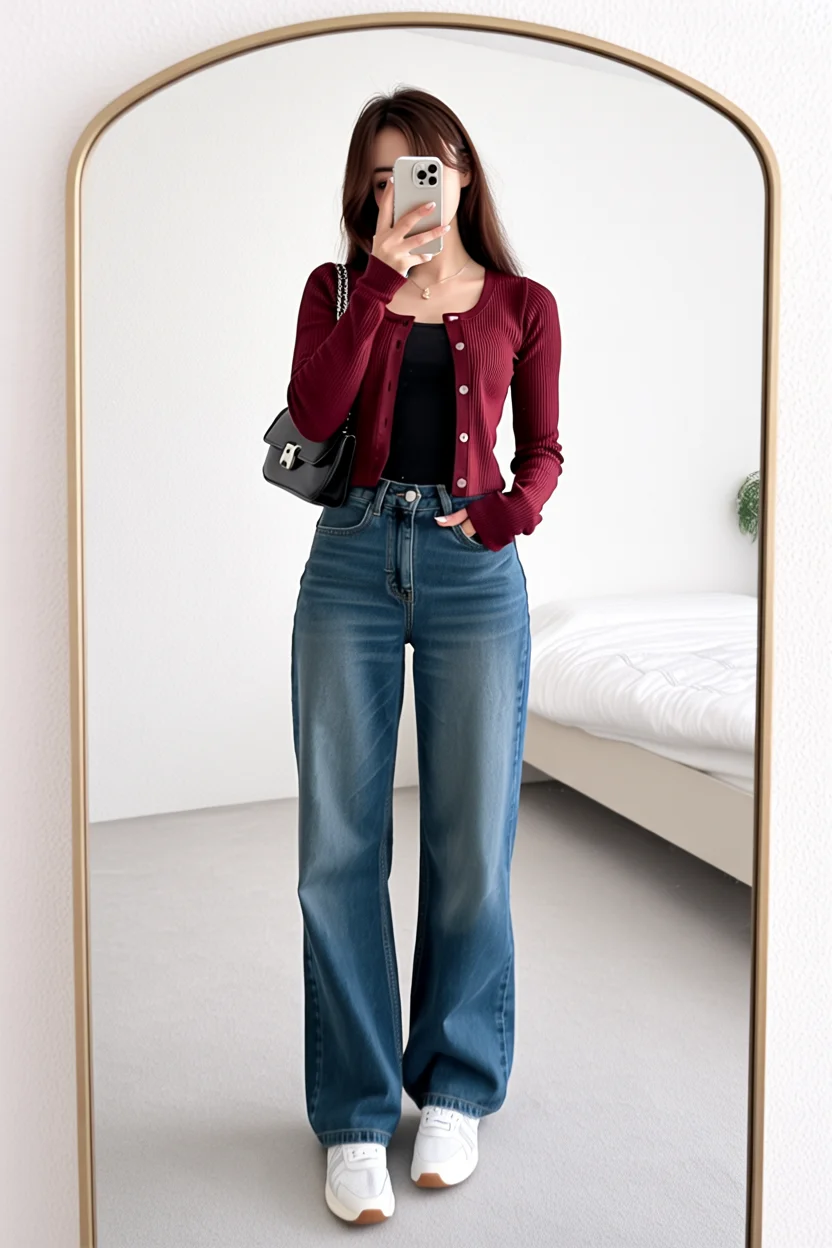 autumn fashion outfits 2026 Modern Burgundy Layers with Relaxed Wide Leg Jeans