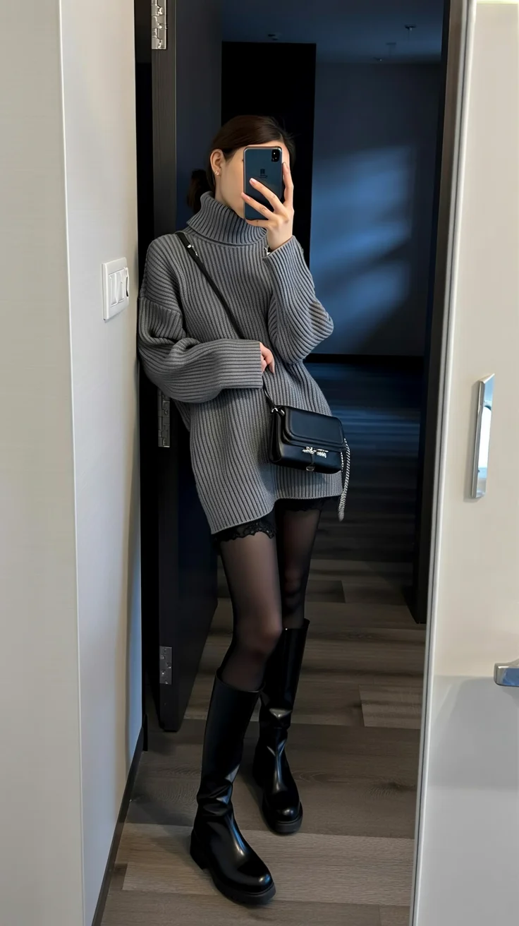 autumn fashion outfits 2026 Oversized Turtleneck and Knee High Boots for Cozy Autumn Days