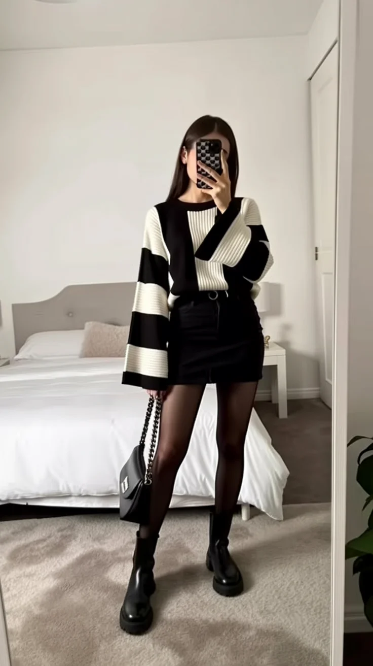 autumn fashion outfits 2026 Monochrome Knit and Mini Skirt with Modern Edge