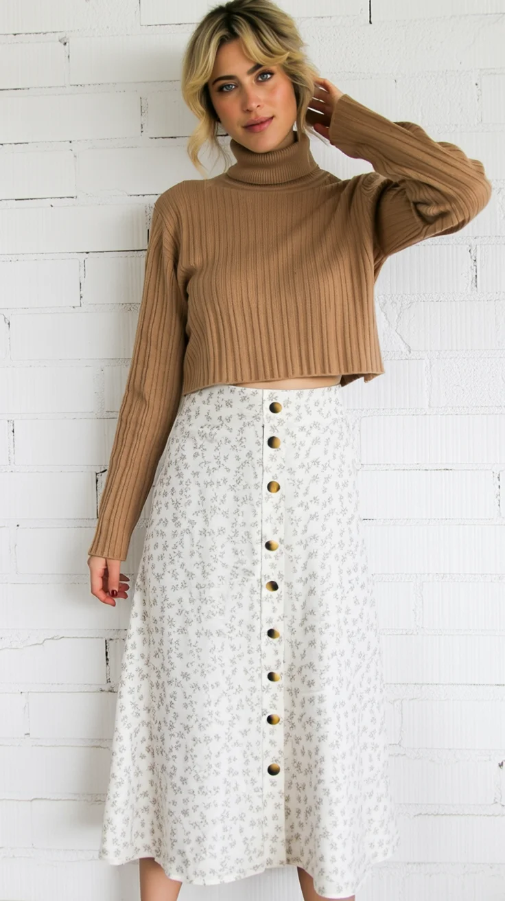 autumn fashion outfits 2026 Warm Camel Knit with a Romantic Floral Midi Skirt