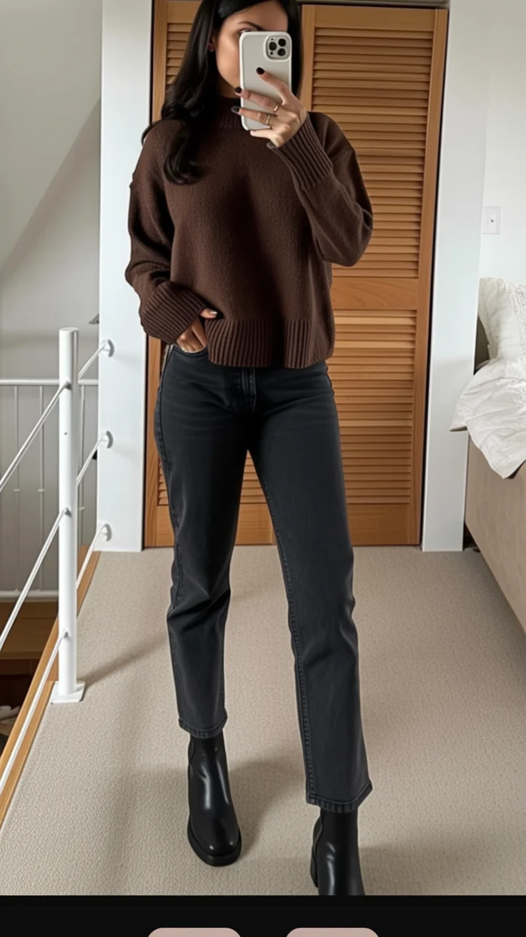 classic fall outfits 2026 Rich Chocolate Knit and Black Denim Never Miss