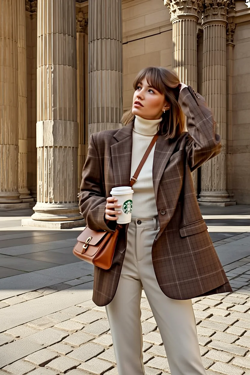 classic fall outfits 2026 Checked Blazer and Cream Turtleneck for Timeless City Style