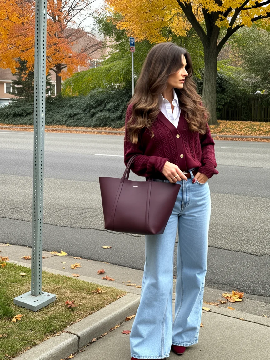 classic fall outfits 2026 Burgundy Cardigan and Wide Leg Denim for Everyday Charm
