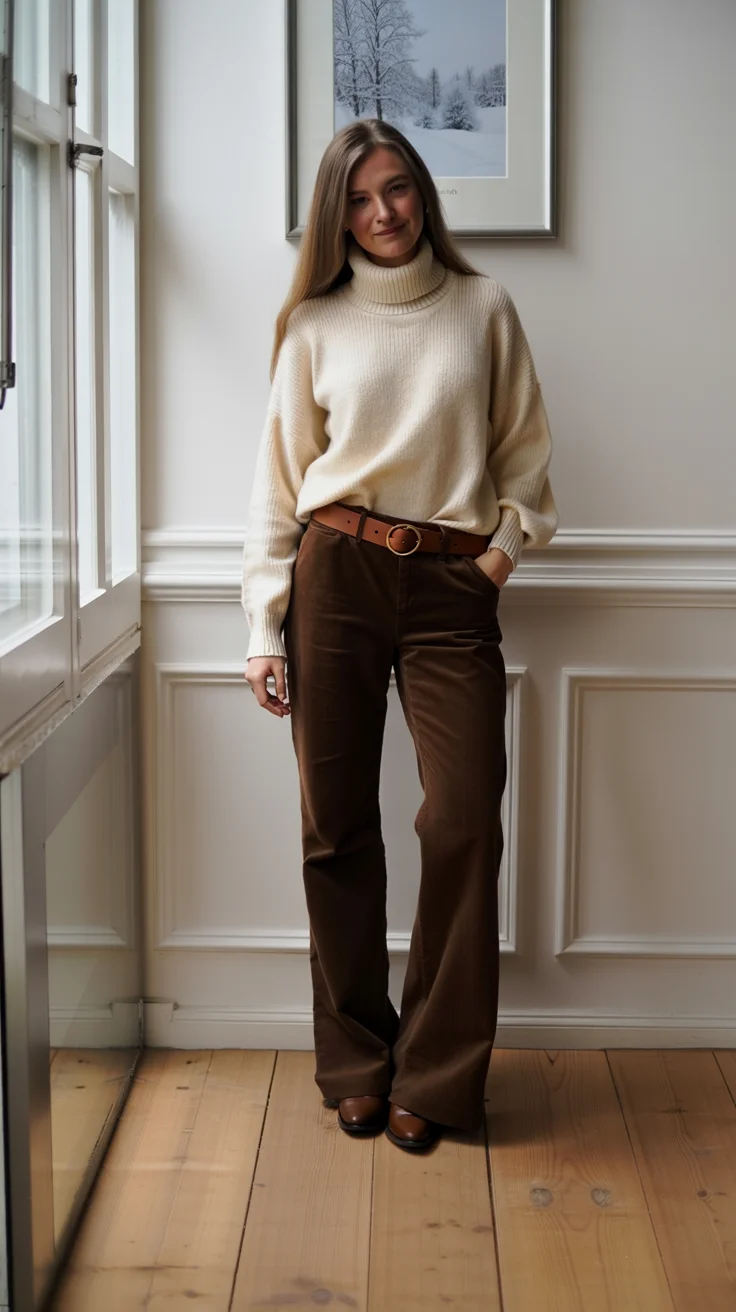 classic fall outfits 2026 Cream Sweater and Chocolate Trousers for Cozy Sophistication