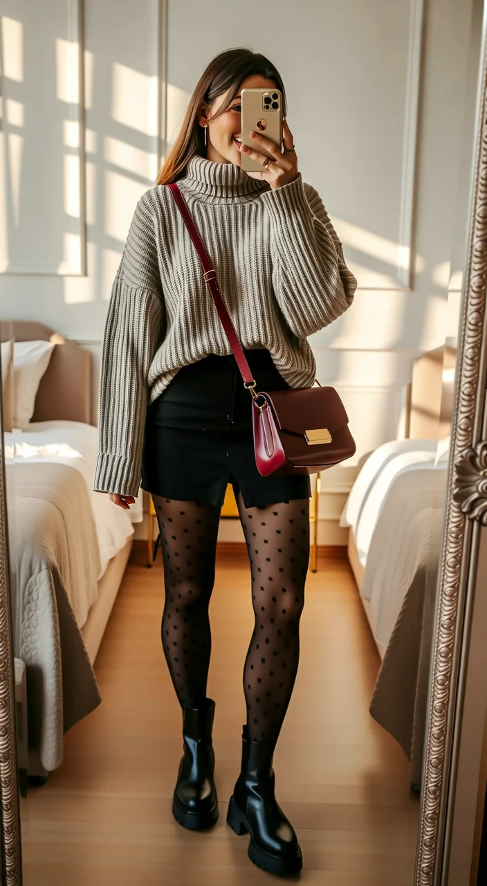 classic fall outfits 2026 Oversized Knit and Mini Skirt for Cozy Weekend Style