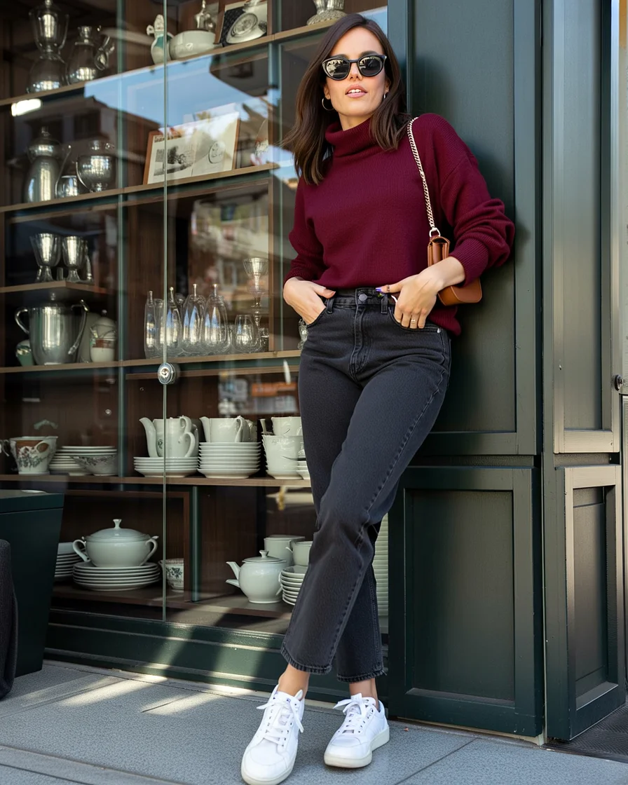 classic fall outfits 2026 Burgundy Sweater and Dark Denim That Always Looks Right