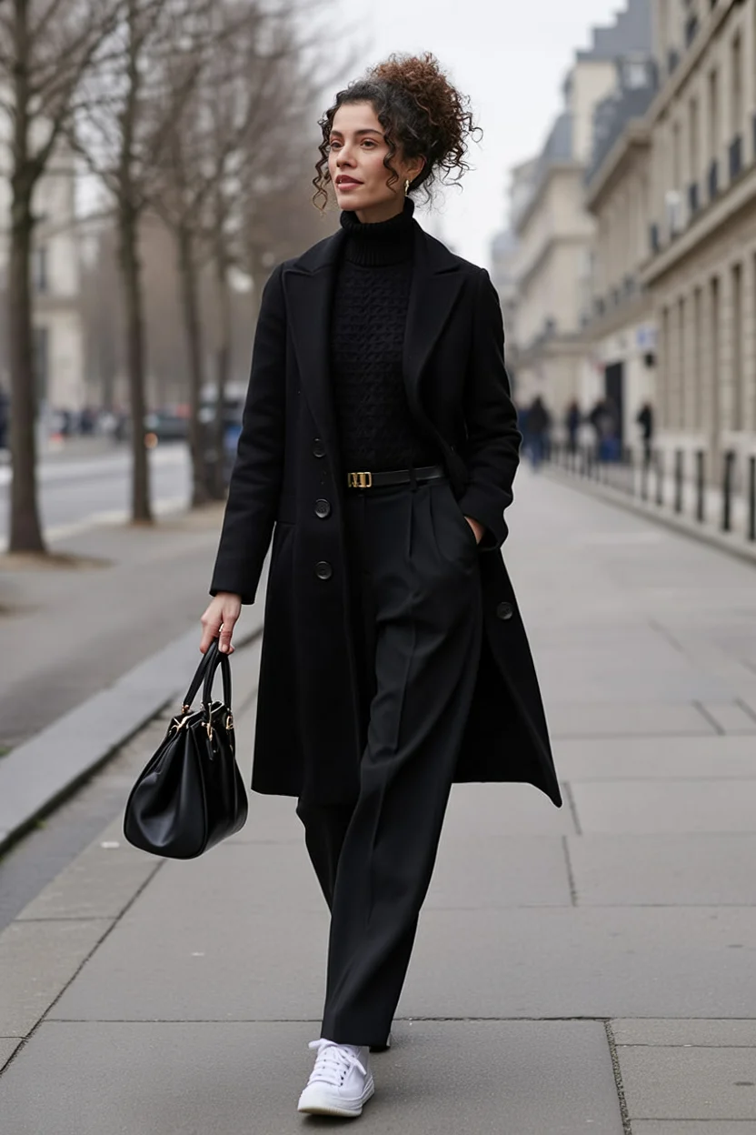 classic fall outfits 2026 All Black Tailoring with Sneakers for Modern Elegance