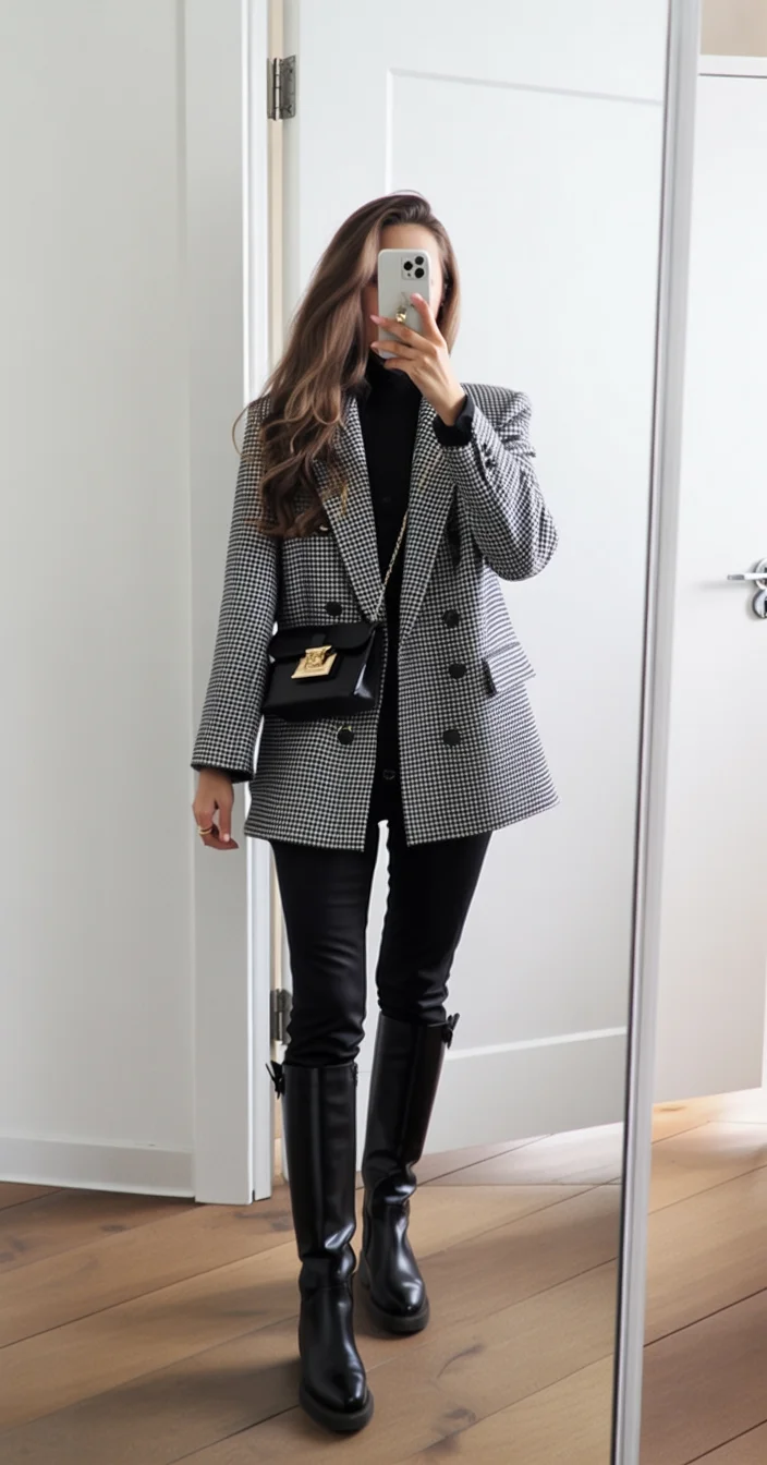 classic fall outfits 2026 Checked Blazer and Riding Boots for Elegant Everyday Dressing