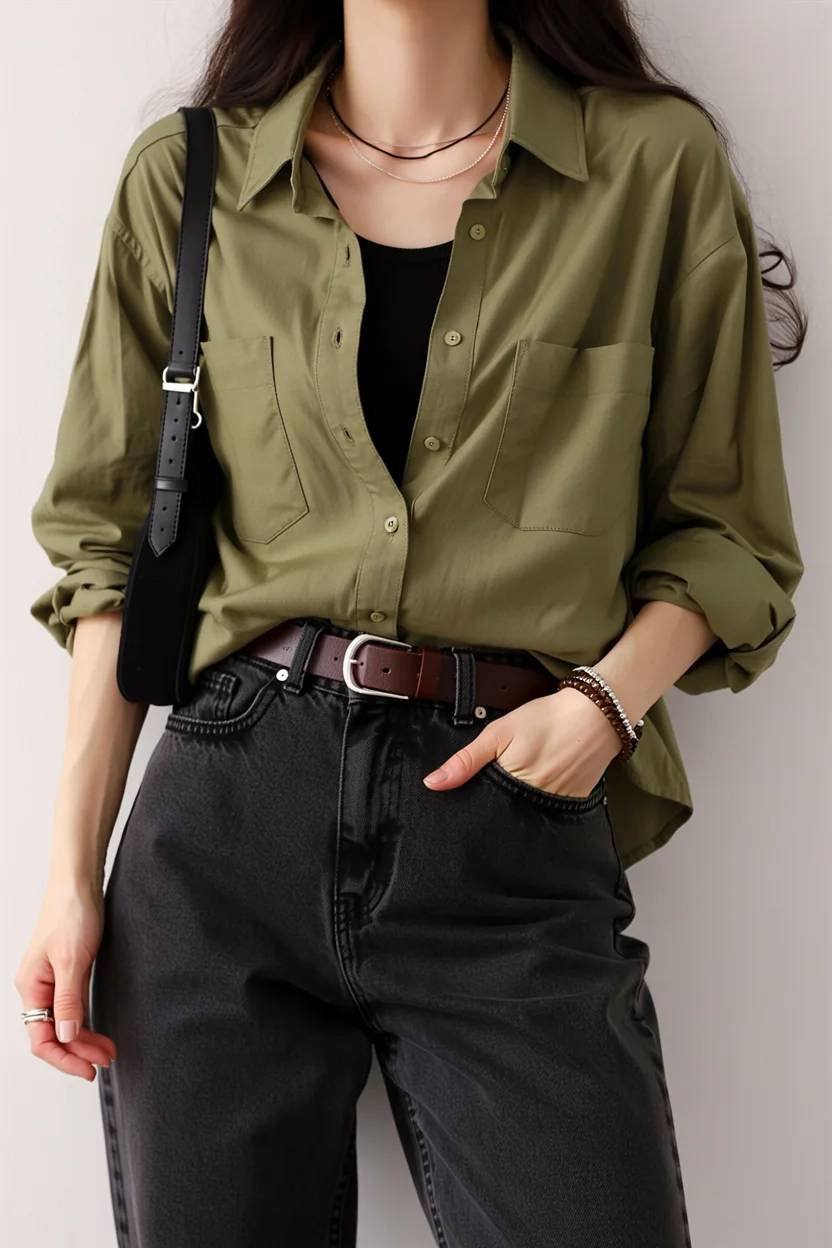 classic fall outfits 2026 Olive Green and Black Denim Create Quiet Luxury