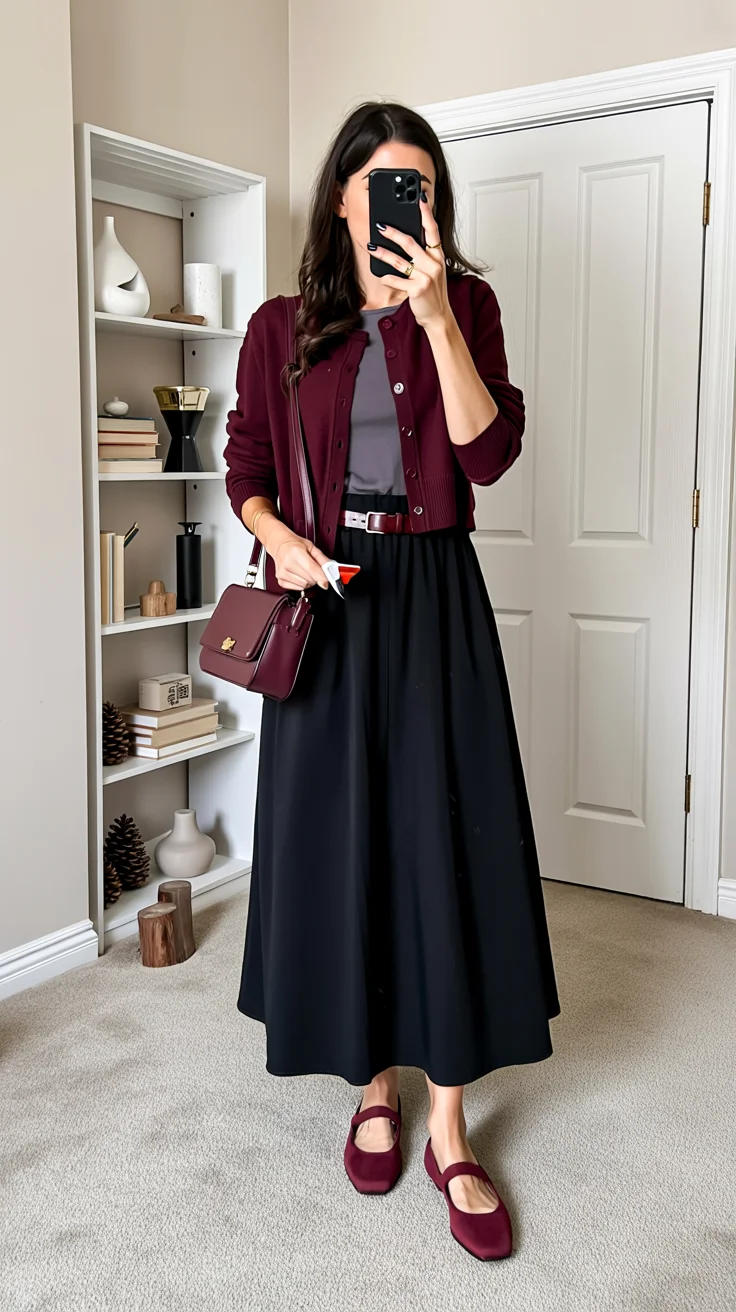 classic fall outfits 2026 Burgundy Cardigan and Midi Skirt for Elegant Everyday Style