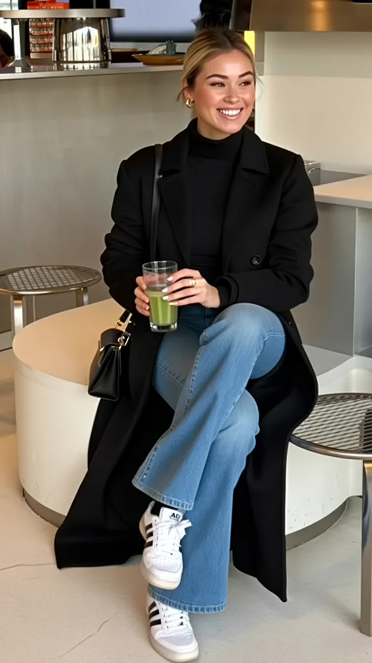 classic fall outfits 2026 Black Coat and Blue Jeans for Effortless Coffee Run Style
