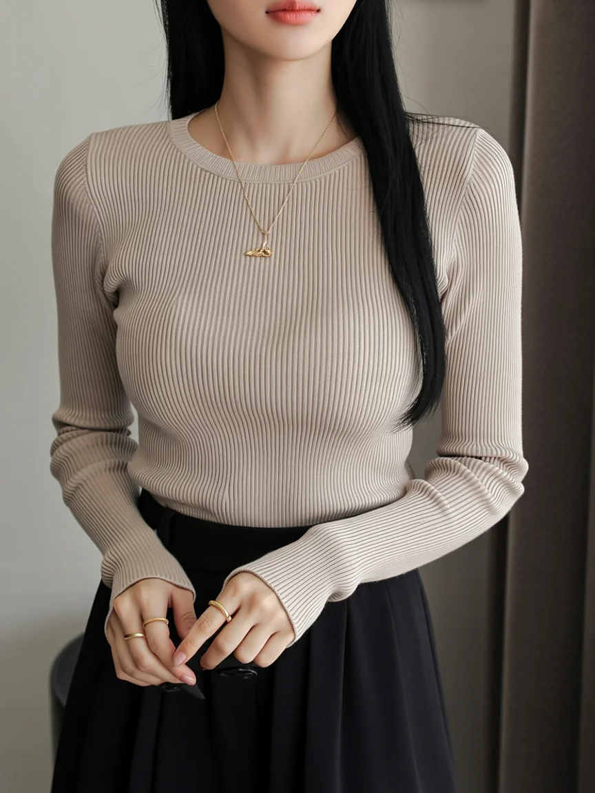 fall long sleeve tops 2026 Neutral Ribbed Sweater That Defines Everyday Elegance