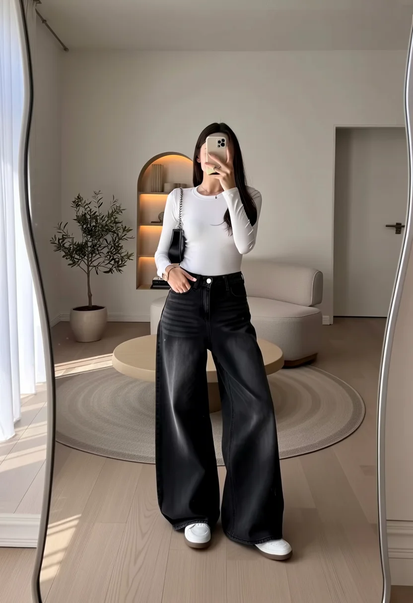 fall long sleeve tops 2026 Simple White Basics With Modern Wide Leg Denim