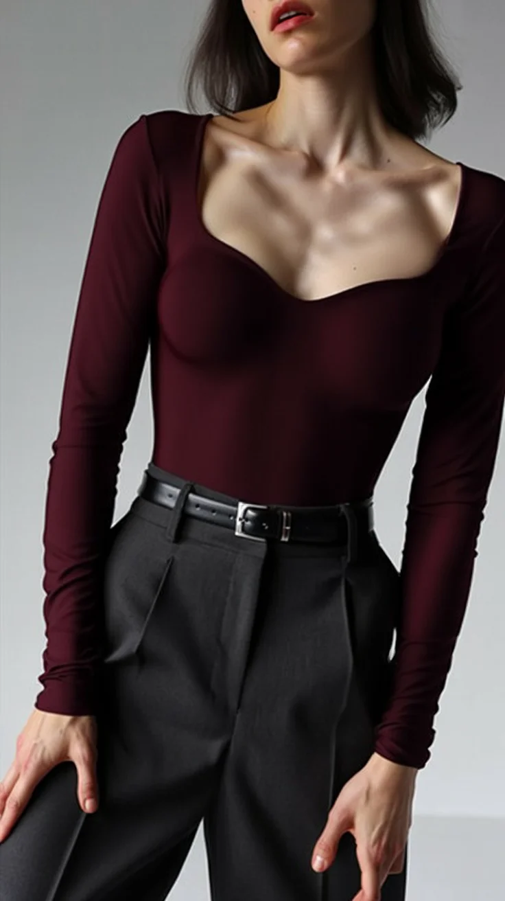 fall long sleeve tops 2026 Rich Wine Tones With A Sculpted Sweetheart Neckline