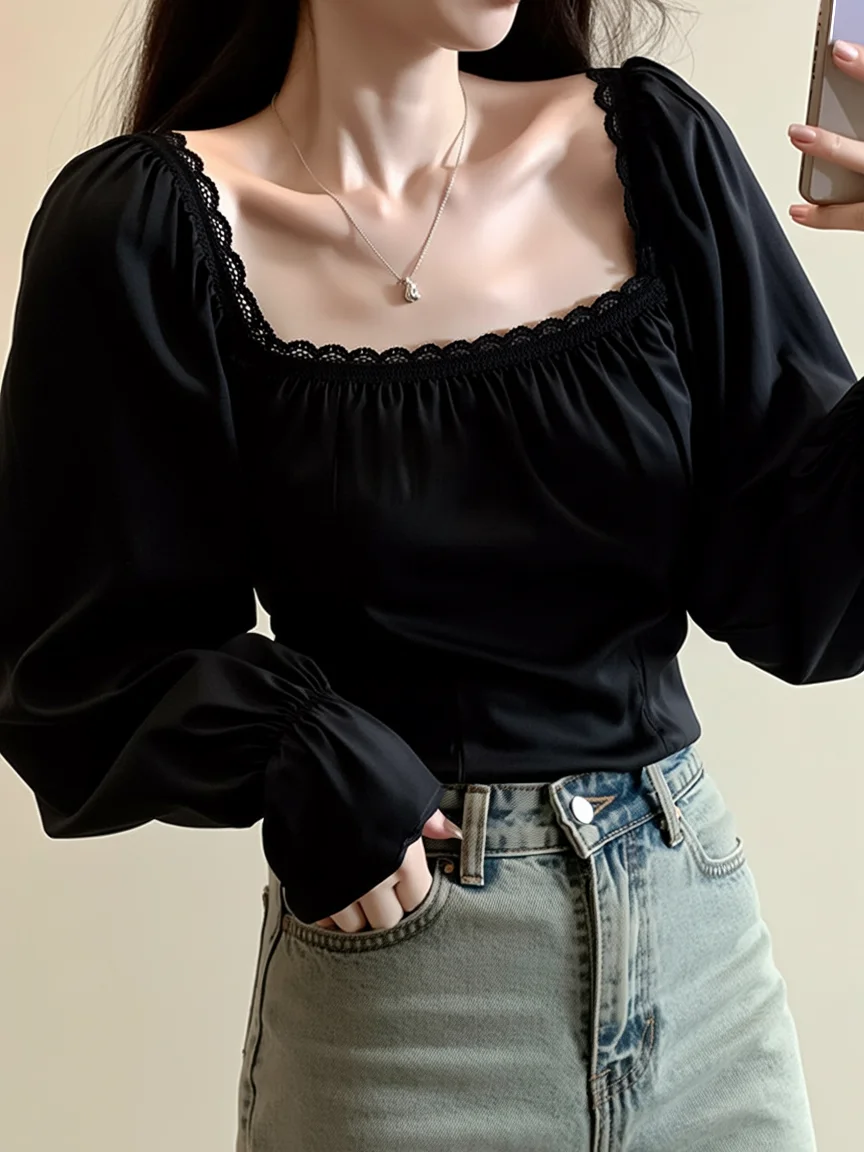 fall long sleeve tops 2026 Romantic Black Blouse With Vintage Inspired Charm