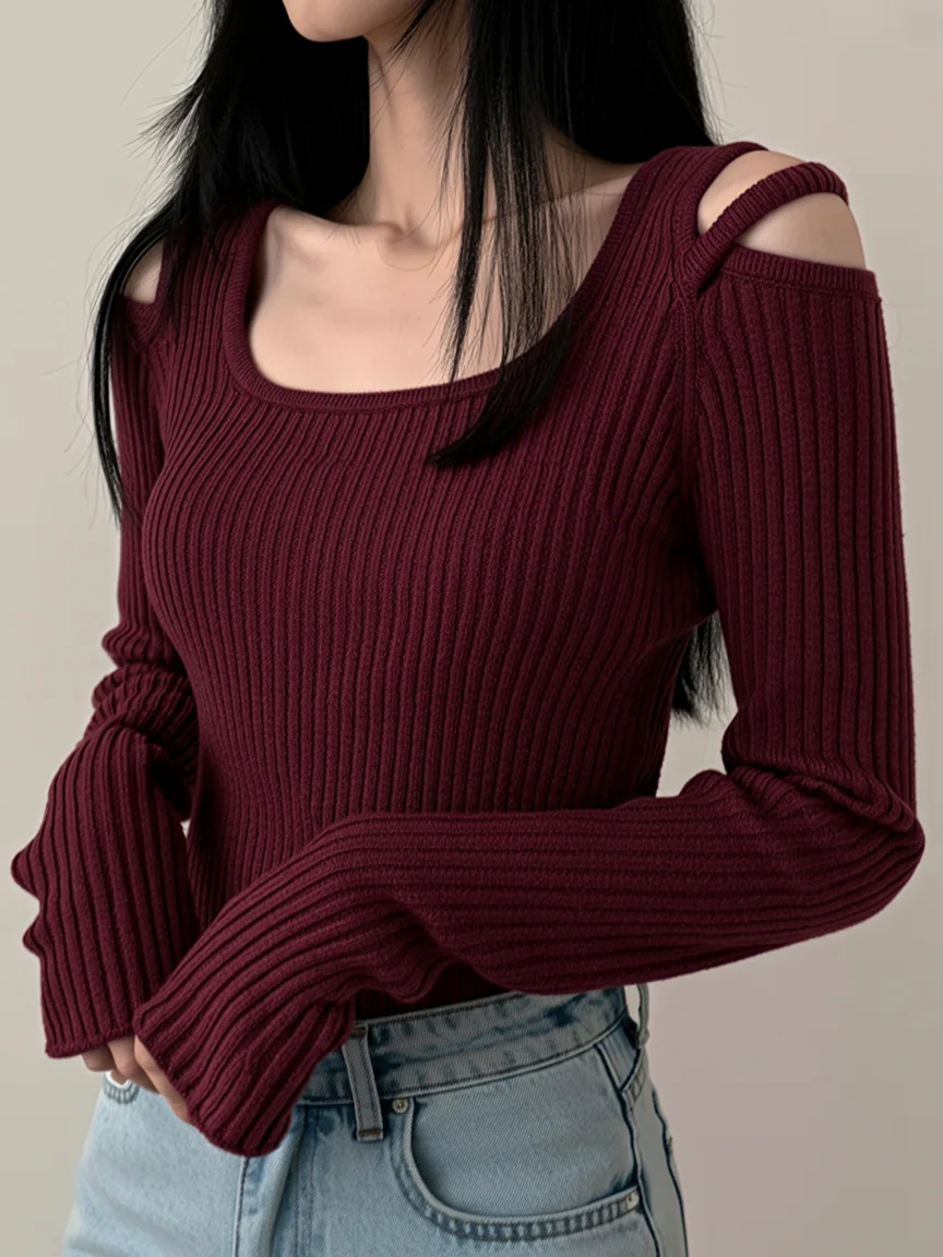 fall long sleeve tops 2026 Burgundy Ribbed Knit With Elegant Shoulder Details