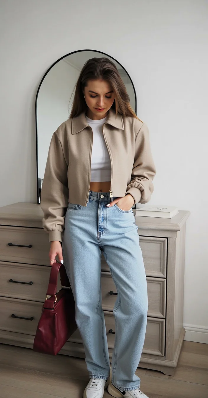 fall outfits with bombers 2026 Soft Beige Layers That Make Everyday Denim Feel Expensive