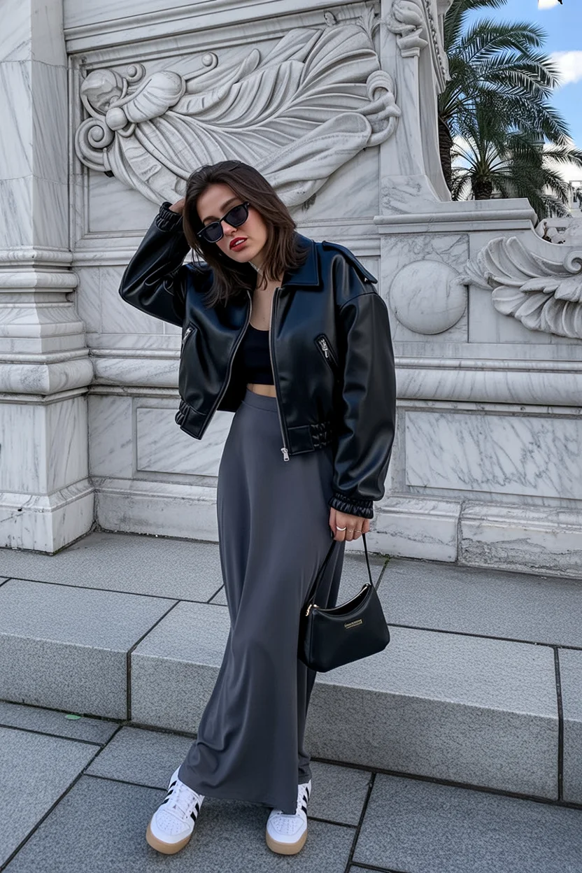 fall outfits with bombers 2026 Flowing Skirts Meet Cropped Leather for an Elegant Contrast