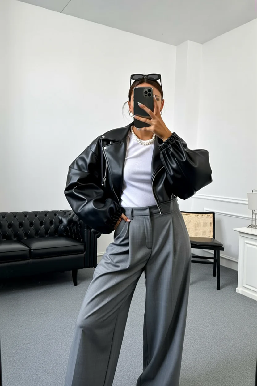 fall outfits with bombers 2026 Tailored Trousers Give Leather Bombers a Sophisticated Update