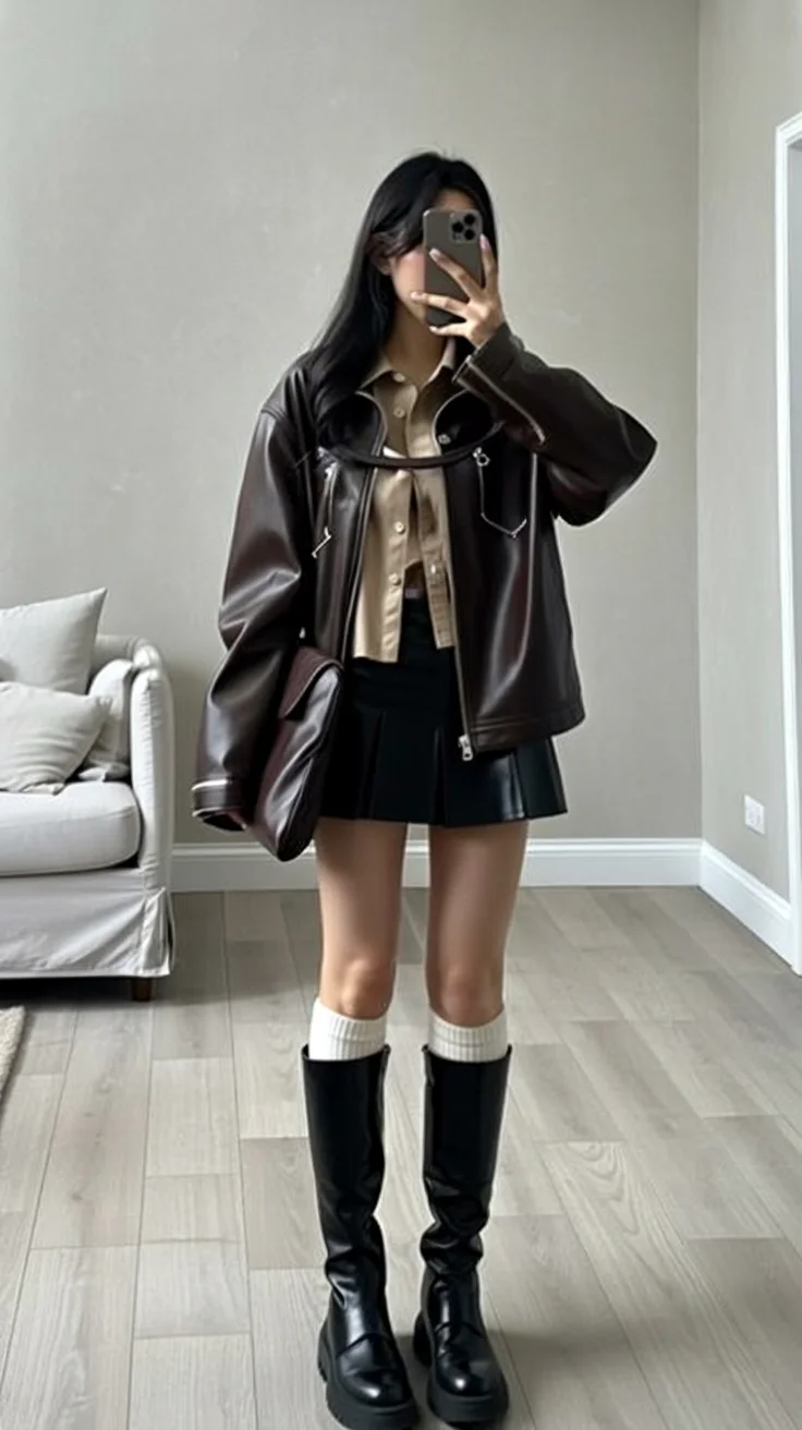 fall outfits with bombers 2026 Dark Leather Meets Preppy Confidence
