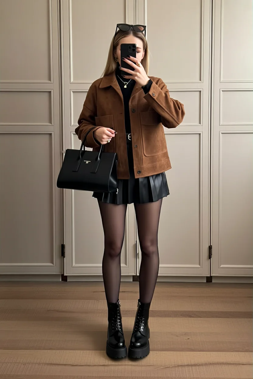 fall outfits with bombers 2026 Leather Skirts and Brown Bombers Create Modern Parisian Style