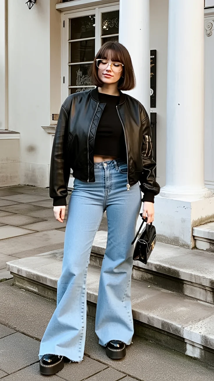 fall outfits with bombers 2026 Black Leather and Light Denim Always Stay in Style