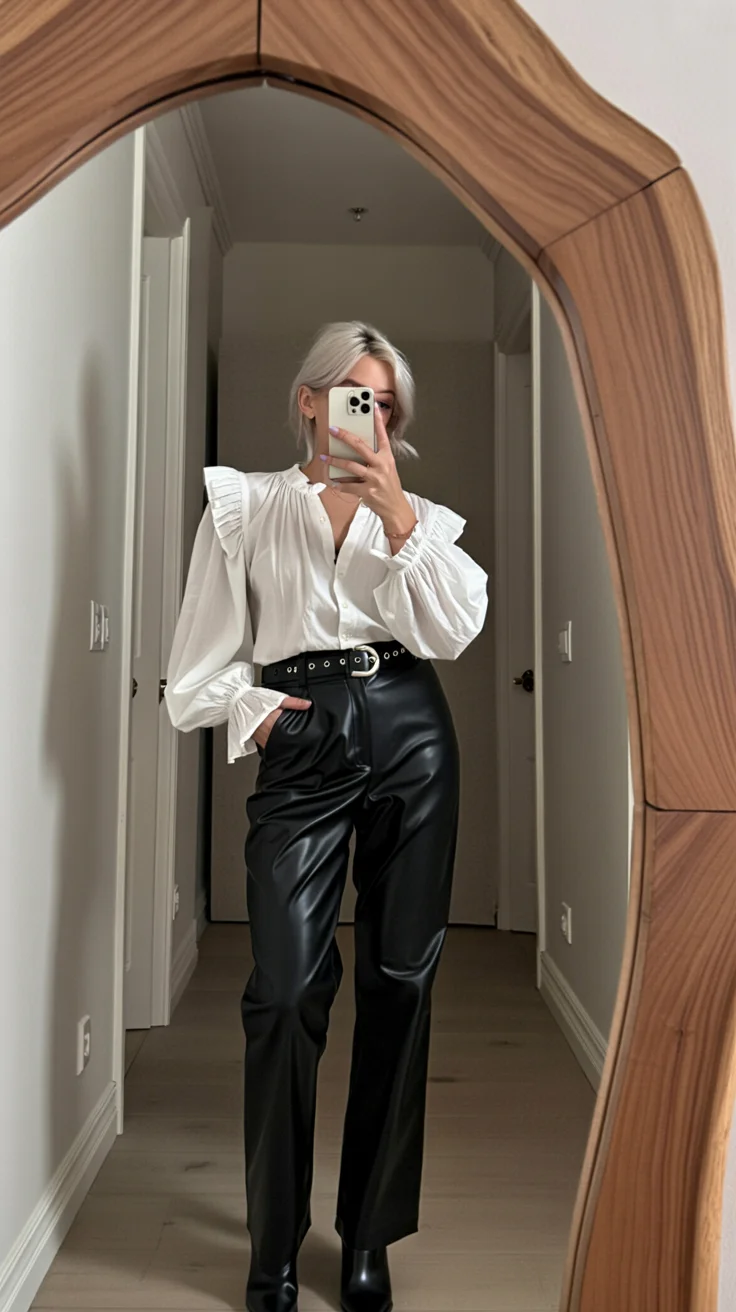 fall outfits with Leather pants 2026 Elegant Black Leather Pants with a Romantic White Blouse