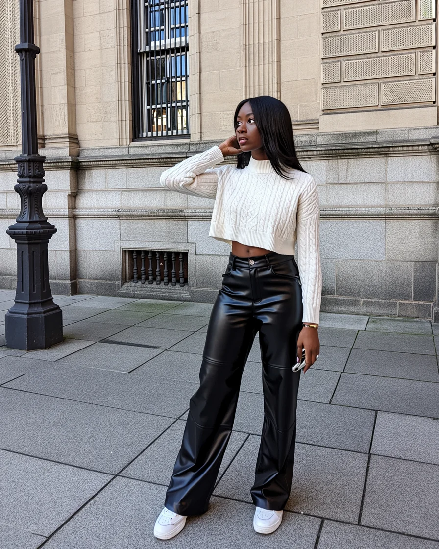 fall outfits with Leather pants 2026 Classic Leather Pants with a Cozy Cable Knit Sweater