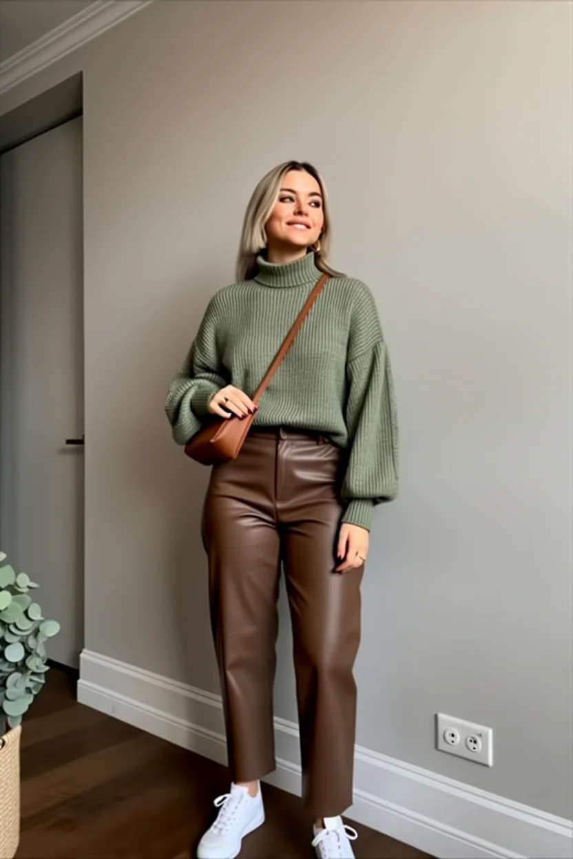 fall outfits with Leather pants 2026 Earth Tone Leather Pants with an Olive Knit Sweater