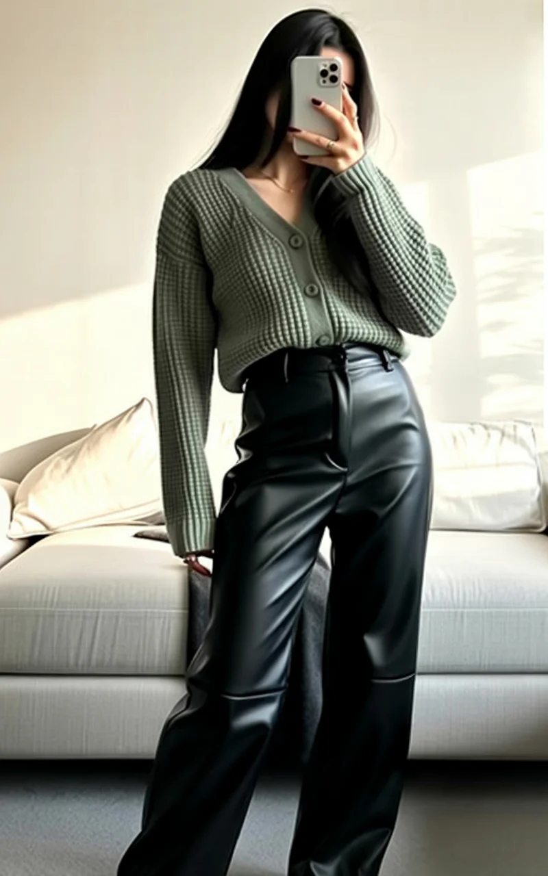 fall outfits with Leather pants 2026 Relaxed Leather Pants with a Soft Knit Cardigan