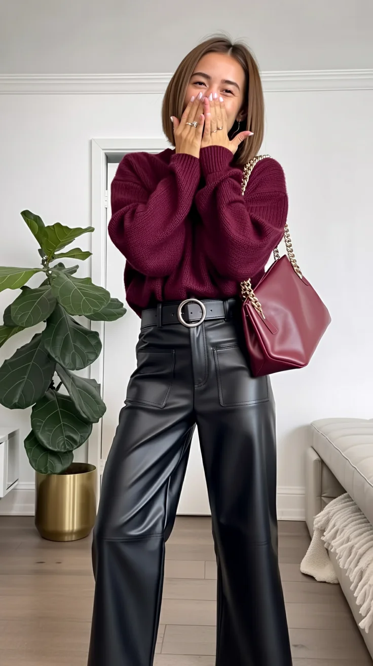 fall outfits with Leather pants 2026 Burgundy Knit with Statement Leather Pants
