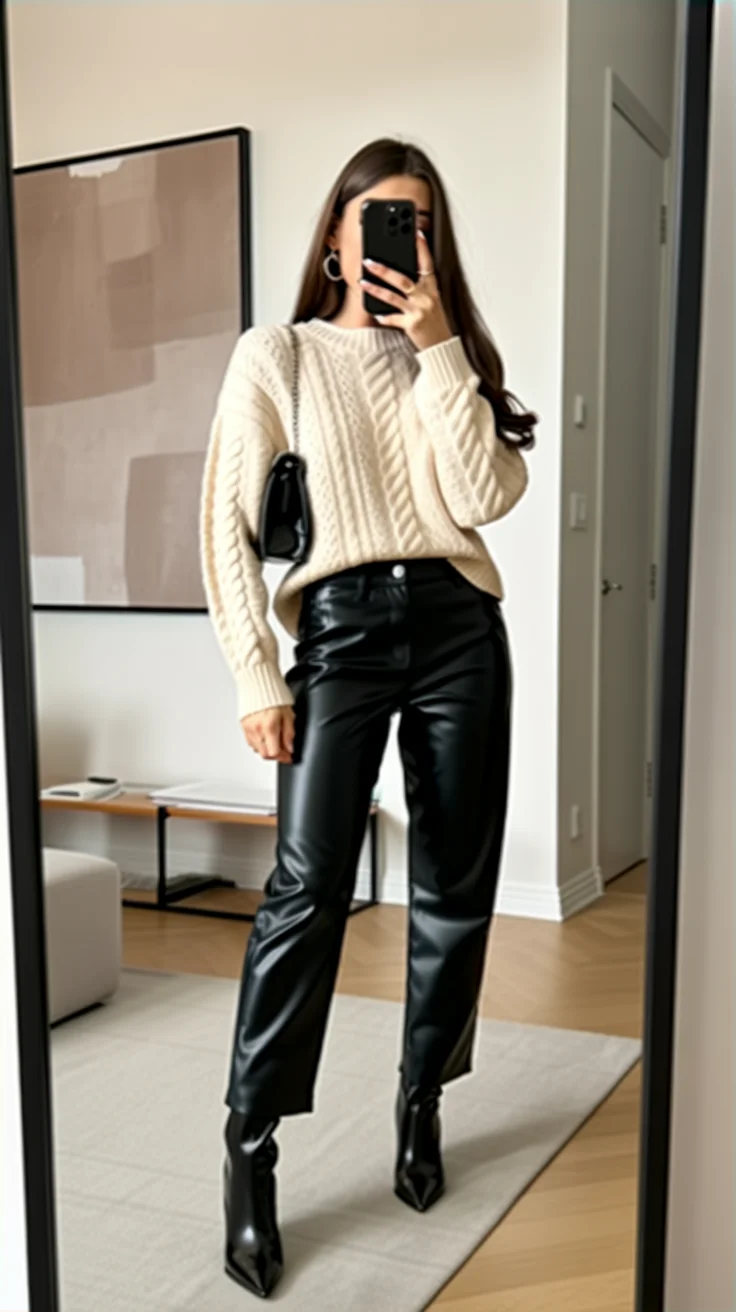 fall outfits with Leather pants 2026 Soft Cable Knit Sweater with Cropped Leather Pants