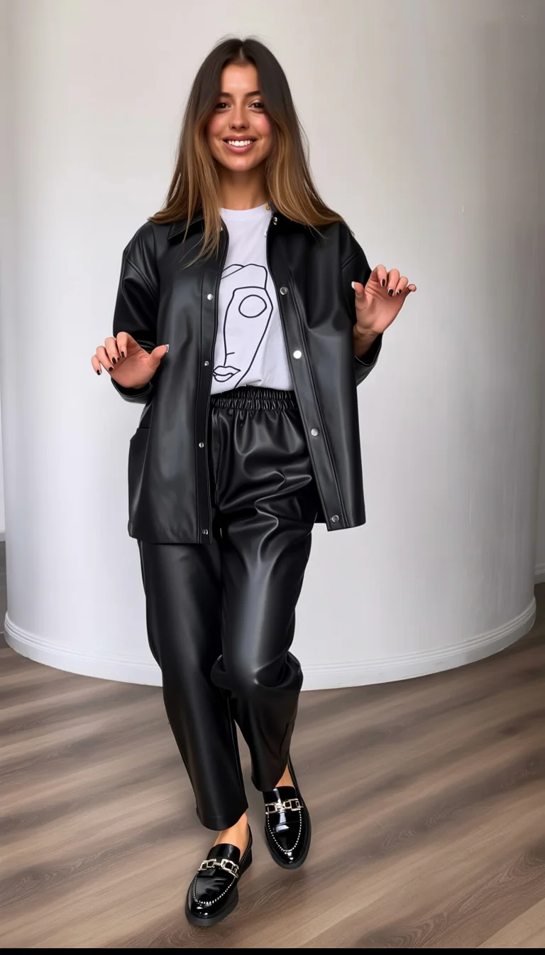 fall outfits with Leather pants 2026 Relaxed Monochrome Leather Set for Everyday Style