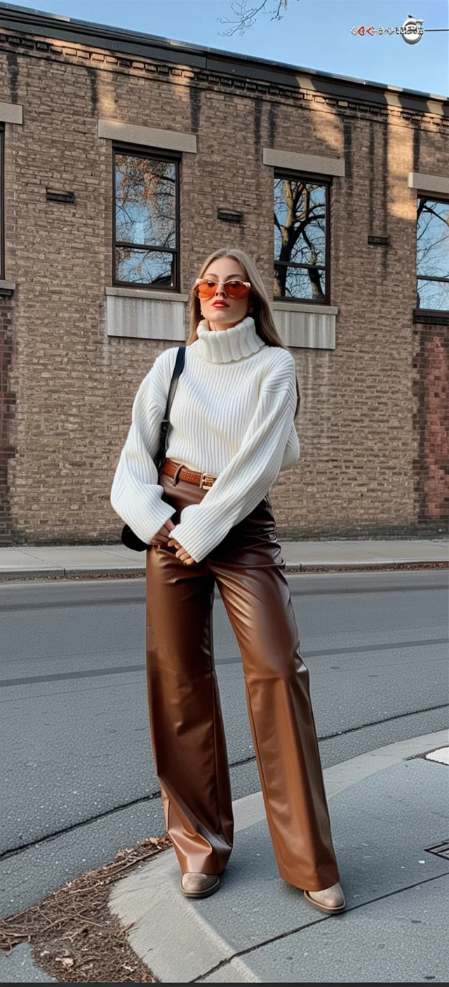 fall outfits with Leather pants 2026 Chocolate Leather Pants with a Cozy White Turtleneck