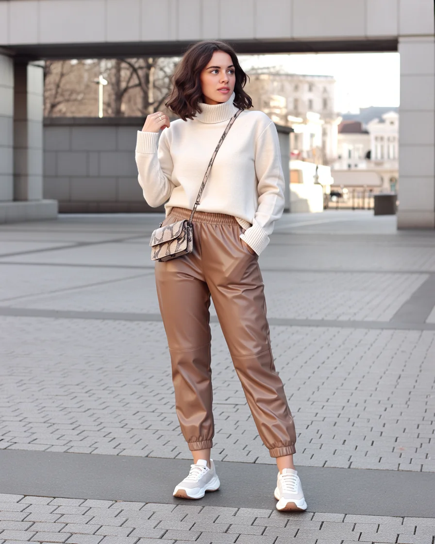 fall outfits with Leather pants 2026 Soft Neutral Leather Joggers for Casual Autumn Days